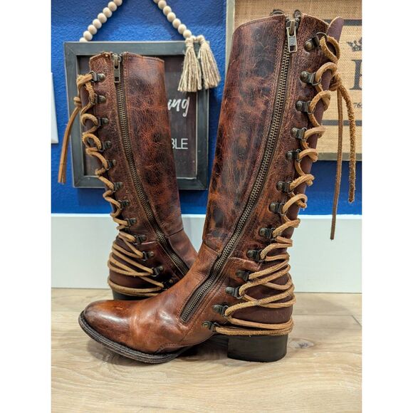 Freebird by Steven Reese Cognac Lace Up Tall Riding Boot Women's 9 Leather - Picture 8 of 15